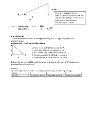Lesson exemplar in writing the equation needed in solving the right ...