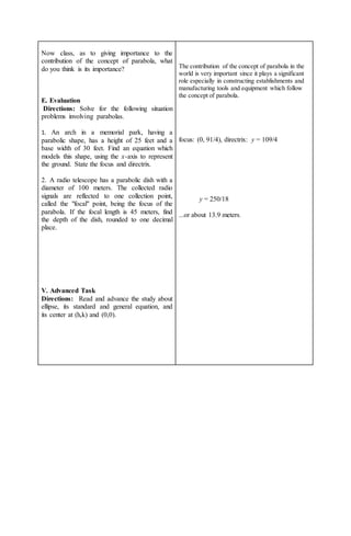 Lesson Plan on situational problems involving parabola inquiry-based ...