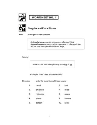 Singular and Plural Nouns
Skill: Use the plural form of nouns
Activity 1
Example: Tree-Trees (more than one)
Direction: write the plural form of these nouns.
1. pencil 6. fruit
2. envelope 7. chico
3. notebook 8. guava
4. eraser 9. banana
5. ballpen 10. apple
A singular noun names one person, place or thing.
A plural noun names more than one person, place or thing.
Nouns form their plural in different ways.
Some nouns form their plural by adding s or es.
WORKSHEET NO. 1
2
 