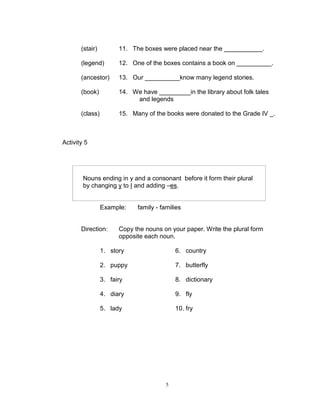 (stair) 11. The boxes were placed near the ___________.
(legend) 12. One of the boxes contains a book on __________.
(ancestor) 13. Our __________know many legend stories.
(book) 14. We have _________in the library about folk tales
and legends
(class) 15. Many of the books were donated to the Grade IV _.
Activity 5
Example: family - families
Direction: Copy the nouns on your paper. Write the plural form
opposite each noun.
1. story 6. country
2. puppy 7. butterfly
3. fairy 8. dictionary
4. diary 9. fly
5. lady 10. fry
Nouns ending in y and a consonant before it form their plural
by changing y to I and adding –es.
5
 