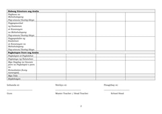 2
Habang Itinuturo ang Aralin
Pagbasa sa
Mahahalagang
Pag-unawa/Susing Ideya
Pagpapaunlad
ng Kaalaman
at Kasanayan
sa Mahahalagang
Pag-unawa/Susing Ideya
Pagpapalalim ng
Kaalaman
at Kasanayan sa
Mahahalagang
Pag-unawa/Susing Ideya
Pagkatapos Ituro ang Aralin
Paglalapat at Paglalahat
Pagtataya ng Natutuhan
Mga Dagdag na Gawain
para sa Paglalapat o para
sa
Remediation (kung
nararapat)
Mga Tala
Repleksiyon
Inihanda ni: Nirebyu ni: Pinagtibay ni:
________________________ ________________________ ________________________
Guro Master Teacher / Head Teacher School Head
 
