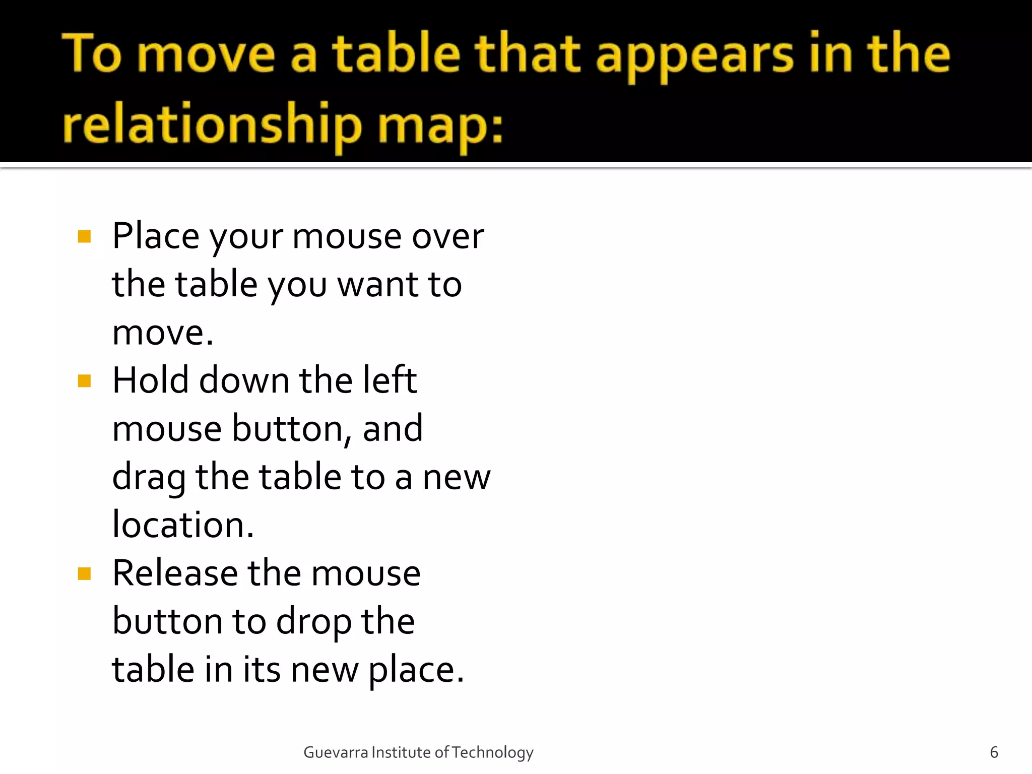 To move a table that appears in the relationship map:Place your mouse over the table you want to move.Hold down the left mouse button, and drag the table to a new location.Release the mouse button to drop the table in its new place.6Guevarra Institute of Technology