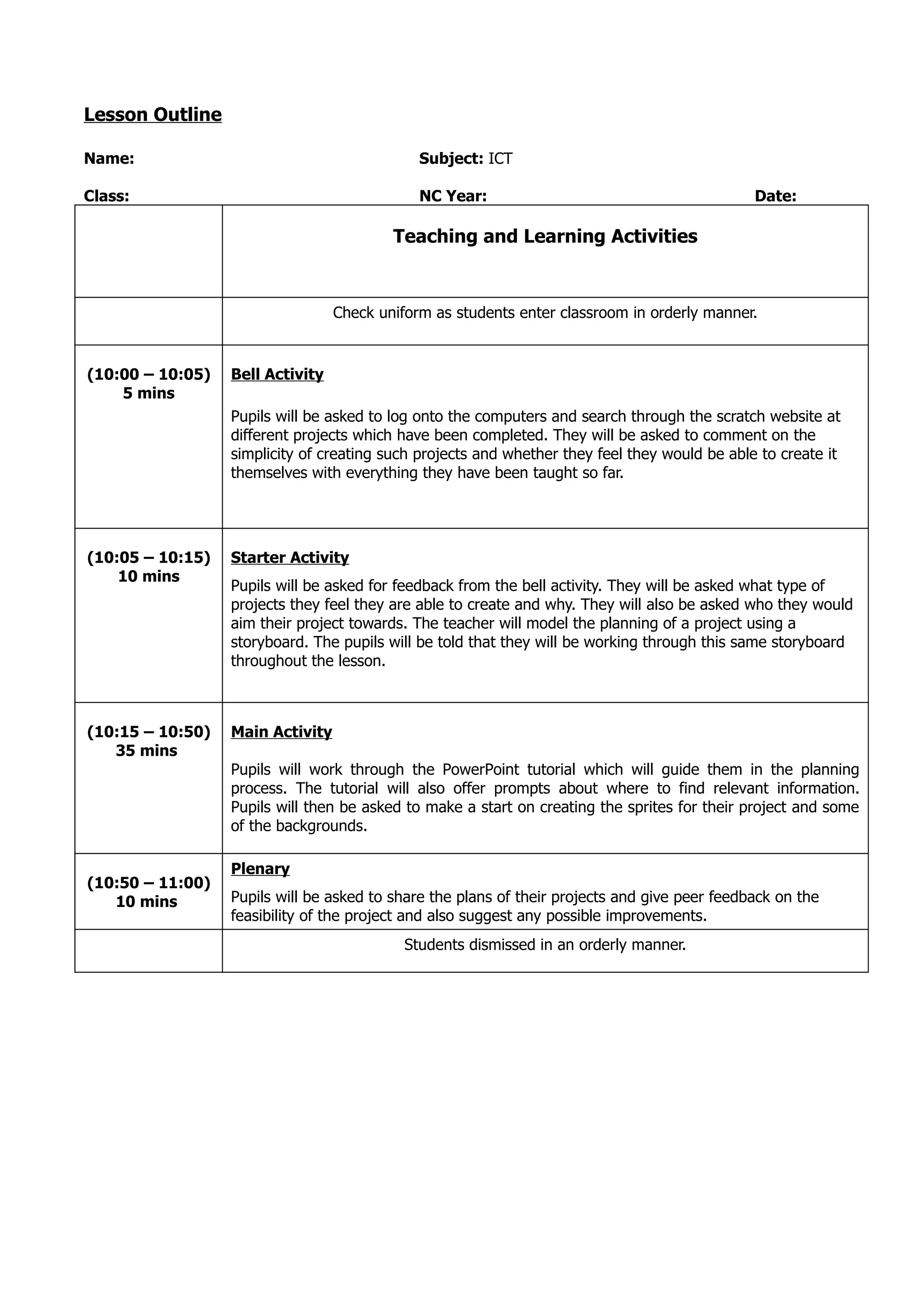 Lesson Outline

Name:                                         Subject: ICT

Class:                                        NC Year:                                         Date:

                                          Teaching and Learning Activities



                                  Check uniform as students enter classroom in orderly manner.


(10:00 – 10:05)   Bell Activity
    5 mins
                  Pupils will be asked to log onto the computers and search through the scratch website at
                  different projects which have been completed. They will be asked to comment on the
                  simplicity of creating such projects and whether they feel they would be able to create it
                  themselves with everything they have been taught so far.




(10:05 – 10:15)   Starter Activity
    10 mins
                  Pupils will be asked for feedback from the bell activity. They will be asked what type of
                  projects they feel they are able to create and why. They will also be asked who they would
                  aim their project towards. The teacher will model the planning of a project using a
                  storyboard. The pupils will be told that they will be working through this same storyboard
                  throughout the lesson.



(10:15 – 10:50)   Main Activity
   35 mins
                  Pupils will work through the PowerPoint tutorial which will guide them in the planning
                  process. The tutorial will also offer prompts about where to find relevant information.
                  Pupils will then be asked to make a start on creating the sprites for their project and some
                  of the backgrounds.

                  Plenary
(10:50 – 11:00)
   10 mins        Pupils will be asked to share the plans of their projects and give peer feedback on the
                  feasibility of the project and also suggest any possible improvements.
                                            Students dismissed in an orderly manner.
 