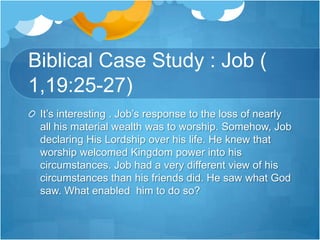 Biblical Counsel on FinancesPut the value of things into perspective.Recognize your season of life.Reduce your debt.Put your financial plan in place and stick to it.Don’t compare yourself to others.Be grateful everyday for God’s provision.Give away as much as you can.