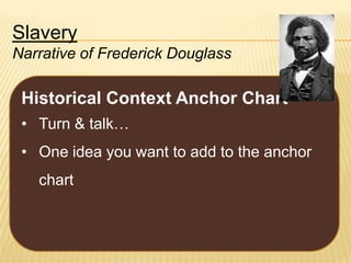 Slavery
Narrative of Frederick Douglass

Historical Context Anchor Chart
• Turn & talk…

• One idea you want to add to the anchor
chart

 