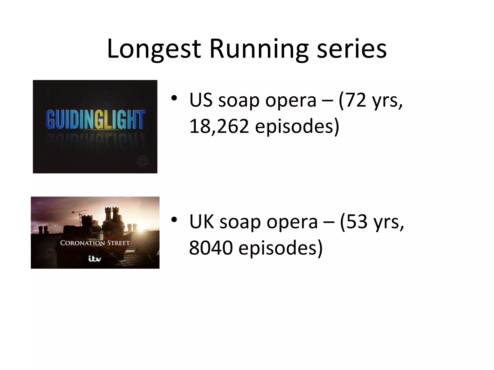 Longest Running series
• US soap opera – (72 yrs,
18,262 episodes)
• UK soap opera – (53 yrs,
8040 episodes)
 