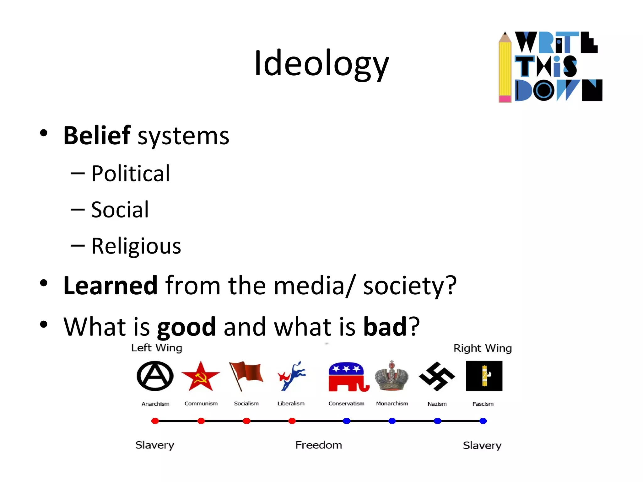 Ideology
• Belief systems
– Political
– Social
– Religious
• Learned from the media/ society?
• What is good and what is bad?
 