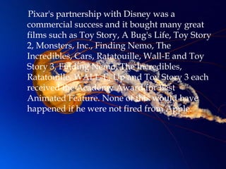 Pixar's partnership with Disney was a
commercial success and it bought many great
films such as Toy Story, A Bug's Life, Toy Story
2, Monsters, Inc., Finding Nemo, The
Incredibles, Cars, Ratatouille, Wall-E and Toy
Story 3. Finding Nemo, The Incredibles,
Ratatouille, WALL-E, Up and Toy Story 3 each
received the Academy Award for Best
Animated Feature. None of this would have
happened if he were not fired from Apple.
 