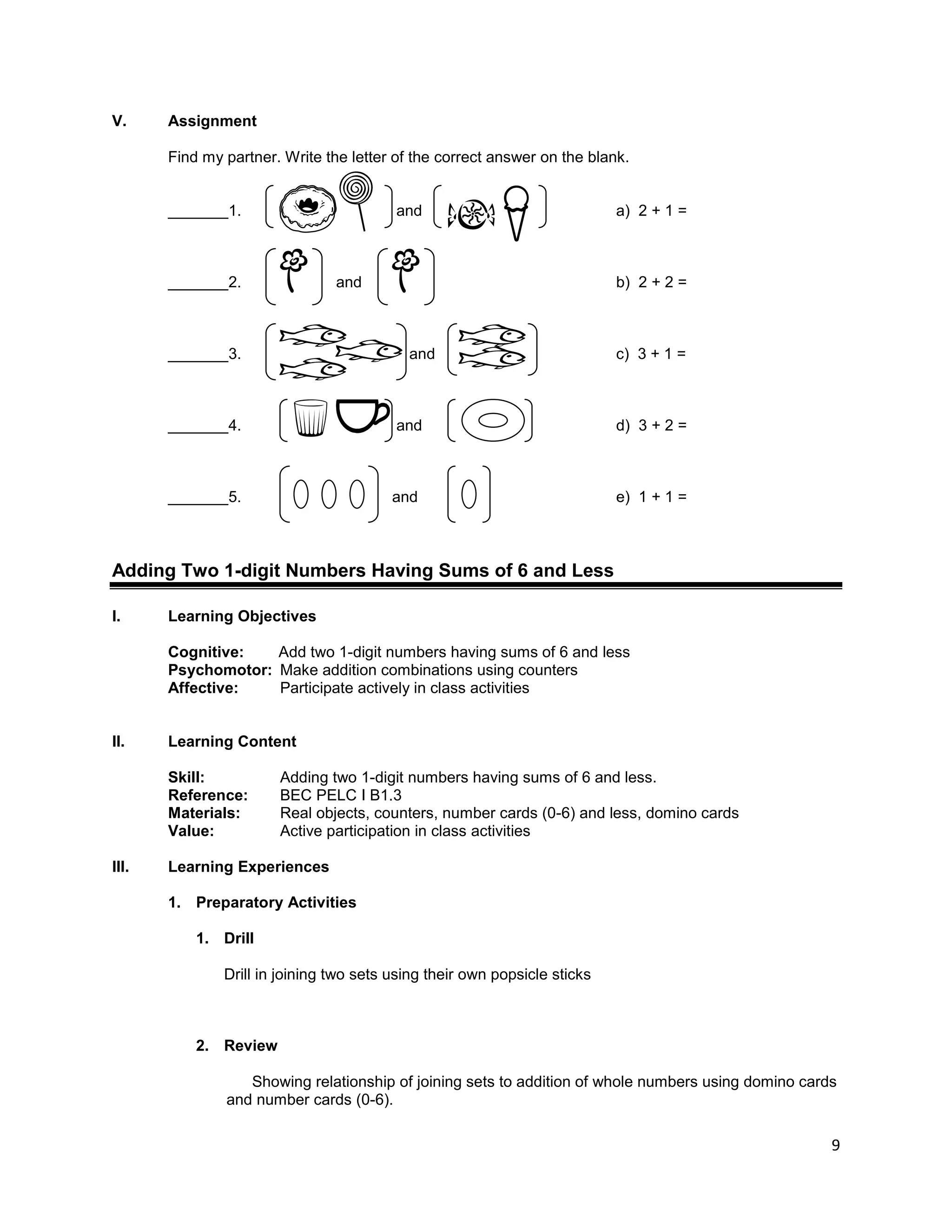 9
V. Assignment
Find my partner. Write the letter of the correct answer on the blank.
_______1. and a) 2 + 1 =
_______2. and b) 2 + 2 =
_______3. and c) 3 + 1 =
_______4. and d) 3 + 2 =
_______5. and e) 1 + 1 =
Adding Two 1-digit Numbers Having Sums of 6 and Less
I. Learning Objectives
Cognitive: Add two 1-digit numbers having sums of 6 and less
Psychomotor: Make addition combinations using counters
Affective: Participate actively in class activities
II. Learning Content
Skill: Adding two 1-digit numbers having sums of 6 and less.
Reference: BEC PELC I B1.3
Materials: Real objects, counters, number cards (0-6) and less, domino cards
Value: Active participation in class activities
III. Learning Experiences
1. Preparatory Activities
1. Drill
Drill in joining two sets using their own popsicle sticks
2. Review
Showing relationship of joining sets to addition of whole numbers using domino cards
and number cards (0-6).
 