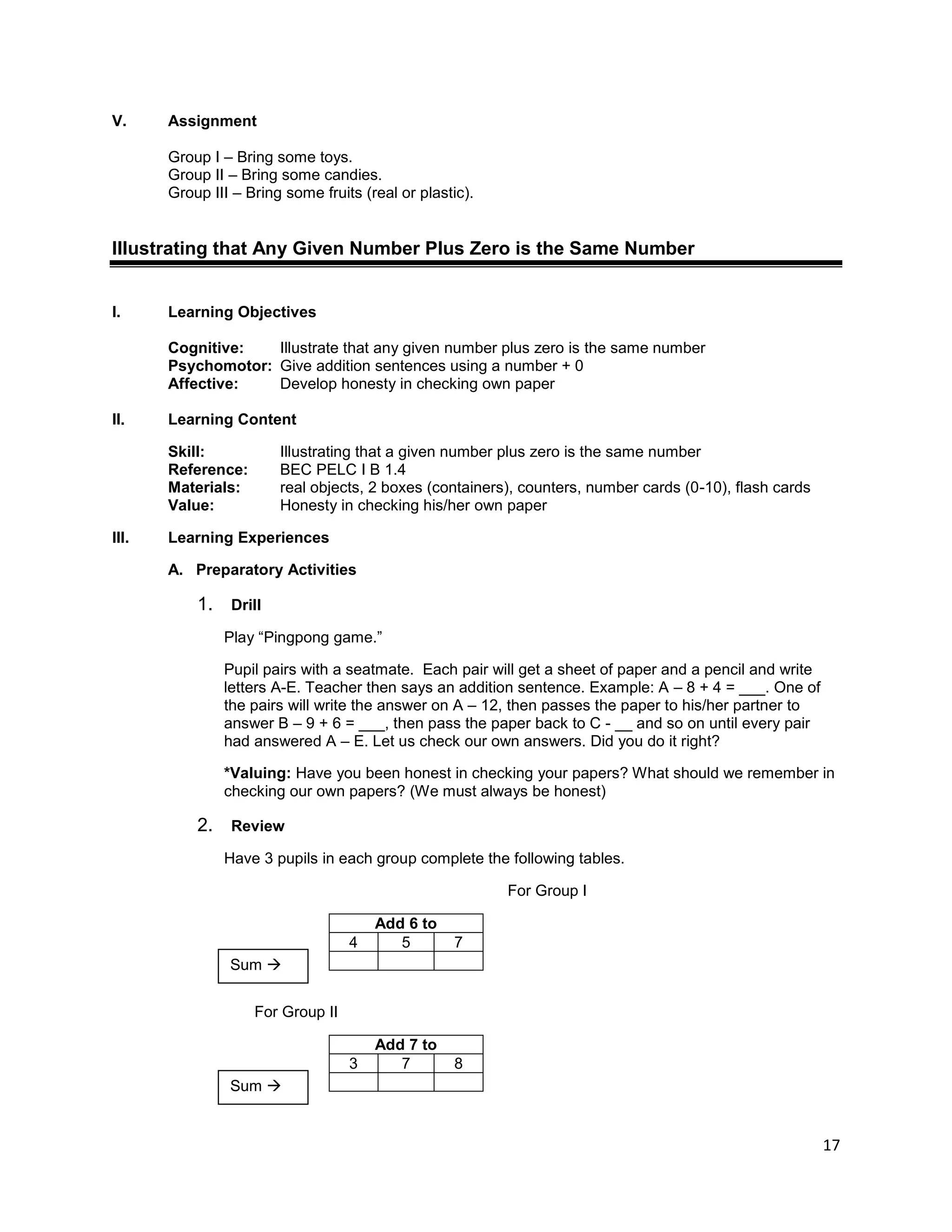 17
V. Assignment
Group I – Bring some toys.
Group II – Bring some candies.
Group III – Bring some fruits (real or plastic).
Illustrating that Any Given Number Plus Zero is the Same Number
I. Learning Objectives
Cognitive: Illustrate that any given number plus zero is the same number
Psychomotor: Give addition sentences using a number + 0
Affective: Develop honesty in checking own paper
II. Learning Content
Skill: Illustrating that a given number plus zero is the same number
Reference: BEC PELC I B 1.4
Materials: real objects, 2 boxes (containers), counters, number cards (0-10), flash cards
Value: Honesty in checking his/her own paper
III. Learning Experiences
A. Preparatory Activities
1. Drill
Play “Pingpong game.”
Pupil pairs with a seatmate. Each pair will get a sheet of paper and a pencil and write
letters A-E. Teacher then says an addition sentence. Example: A – 8 + 4 = ___. One of
the pairs will write the answer on A – 12, then passes the paper to his/her partner to
answer B – 9 + 6 = ___, then pass the paper back to C - __ and so on until every pair
had answered A – E. Let us check our own answers. Did you do it right?
*Valuing: Have you been honest in checking your papers? What should we remember in
checking our own papers? (We must always be honest)
2. Review
Have 3 pupils in each group complete the following tables.
For Group I
Add 6 to
4 5 7
For Group II
Add 7 to
3 7 8
Sum 
Sum 
 