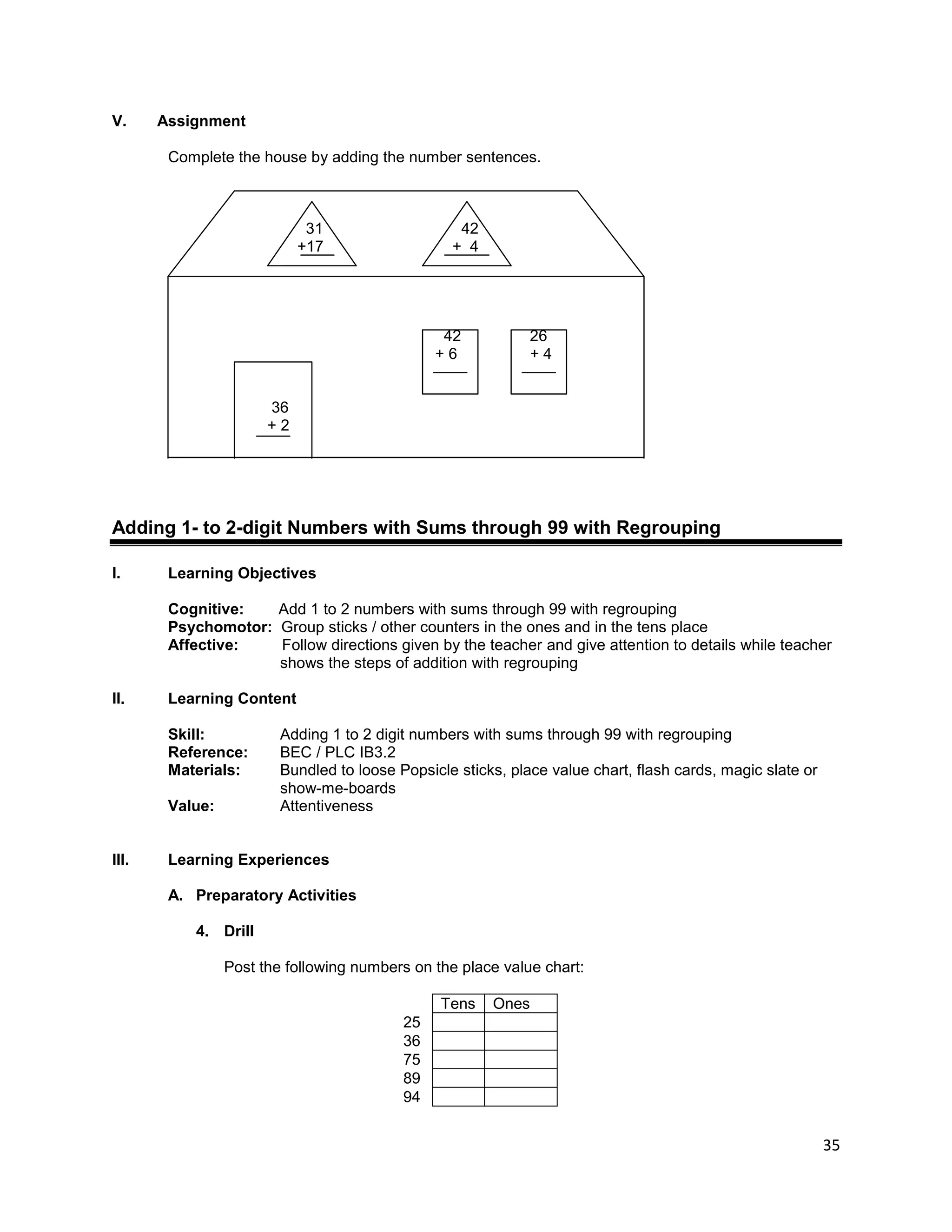 35
V. Assignment
Complete the house by adding the number sentences.
31 42
+17 + 4
42 26
+ 6 + 4
36
+ 2
Adding 1- to 2-digit Numbers with Sums through 99 with Regrouping
I. Learning Objectives
Cognitive: Add 1 to 2 numbers with sums through 99 with regrouping
Psychomotor: Group sticks / other counters in the ones and in the tens place
Affective: Follow directions given by the teacher and give attention to details while teacher
shows the steps of addition with regrouping
II. Learning Content
Skill: Adding 1 to 2 digit numbers with sums through 99 with regrouping
Reference: BEC / PLC IB3.2
Materials: Bundled to loose Popsicle sticks, place value chart, flash cards, magic slate or
show-me-boards
Value: Attentiveness
III. Learning Experiences
A. Preparatory Activities
4. Drill
Post the following numbers on the place value chart:
Tens Ones
25
36
75
89
94
 