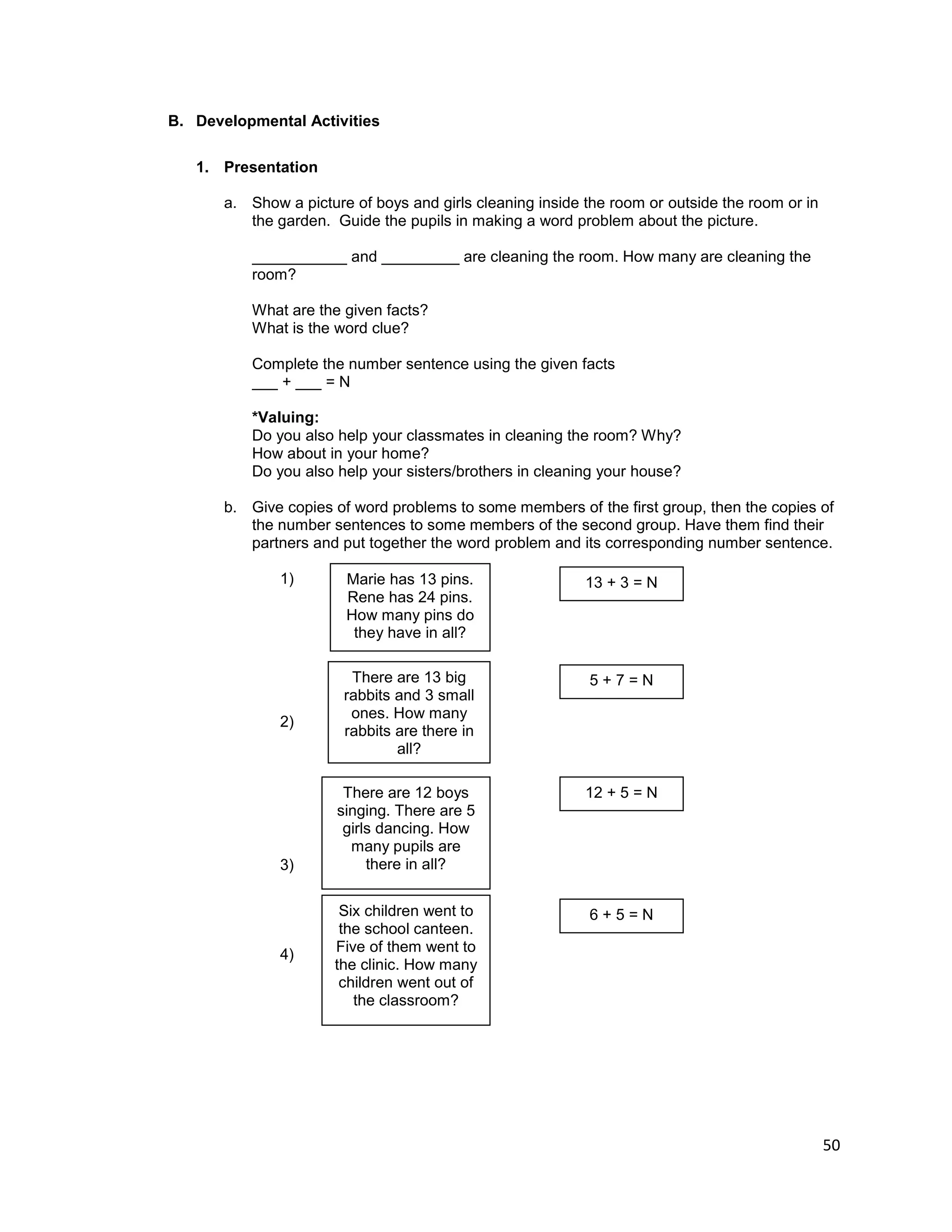 50
B. Developmental Activities
1. Presentation
a. Show a picture of boys and girls cleaning inside the room or outside the room or in
the garden. Guide the pupils in making a word problem about the picture.
___________ and _________ are cleaning the room. How many are cleaning the
room?
What are the given facts?
What is the word clue?
Complete the number sentence using the given facts
___ + ___ = N
*Valuing:
Do you also help your classmates in cleaning the room? Why?
How about in your home?
Do you also help your sisters/brothers in cleaning your house?
b. Give copies of word problems to some members of the first group, then the copies of
the number sentences to some members of the second group. Have them find their
partners and put together the word problem and its corresponding number sentence.
1)
2)
3)
4)
Marie has 13 pins.
Rene has 24 pins.
How many pins do
they have in all?
13 + 3 = N
There are 13 big
rabbits and 3 small
ones. How many
rabbits are there in
all?
There are 12 boys
singing. There are 5
girls dancing. How
many pupils are
there in all?
5 + 7 = N
12 + 5 = N
Six children went to
the school canteen.
Five of them went to
the clinic. How many
children went out of
the classroom?
6 + 5 = N
 