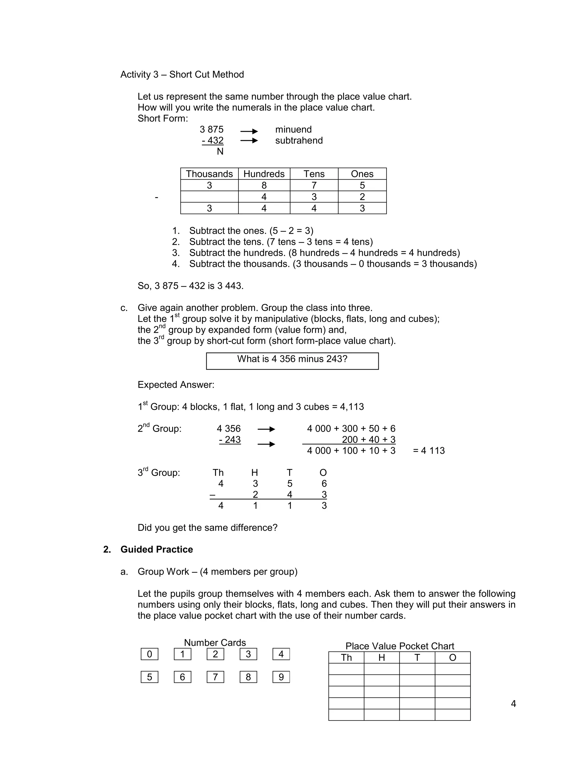 4
Activity 3 – Short Cut Method
Let us represent the same number through the place value chart.
How will you write the numerals in the place value chart.
Short Form:
3 875 minuend
- 432 subtrahend
N
Thousands Hundreds Tens Ones
3 8 7 5
- 4 3 2
3 4 4 3
1. Subtract the ones. (5 – 2 = 3)
2. Subtract the tens. (7 tens – 3 tens = 4 tens)
3. Subtract the hundreds. (8 hundreds – 4 hundreds = 4 hundreds)
4. Subtract the thousands. (3 thousands – 0 thousands = 3 thousands)
So, 3 875 – 432 is 3 443.
c. Give again another problem. Group the class into three.
Let the 1
st
group solve it by manipulative (blocks, flats, long and cubes);
the 2
nd
group by expanded form (value form) and,
the 3
rd
group by short-cut form (short form-place value chart).
Expected Answer:
1
st
Group: 4 blocks, 1 flat, 1 long and 3 cubes = 4,113
2
nd
Group: 4 356 4 000 + 300 + 50 + 6
- 243 200 + 40 + 3
4 000 + 100 + 10 + 3 = 4 113
3
rd
Group: Th H T O
4 3 5 6
– 2 4 3
4 1 1 3
Did you get the same difference?
2. Guided Practice
a. Group Work – (4 members per group)
Let the pupils group themselves with 4 members each. Ask them to answer the following
numbers using only their blocks, flats, long and cubes. Then they will put their answers in
the place value pocket chart with the use of their number cards.
What is 4 356 minus 243?
Number Cards
0 1 2 3 4
5 6 7 8 9
Place Value Pocket Chart
Th H T O
 