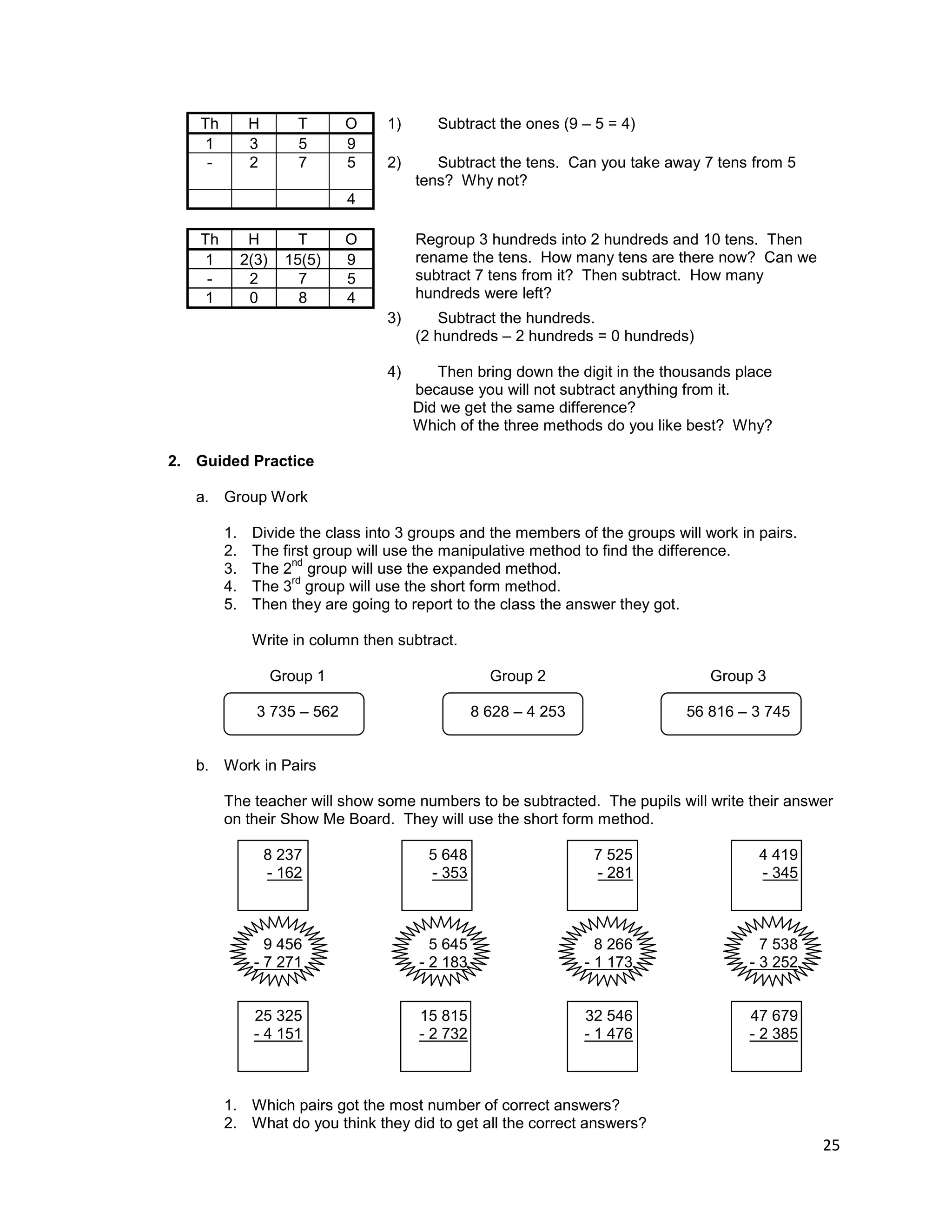 25
Th H T O 1) Subtract the ones (9 – 5 = 4)
1 3 5 9
- 2 7 5 2) Subtract the tens. Can you take away 7 tens from 5
tens? Why not?
4
Th H T O Regroup 3 hundreds into 2 hundreds and 10 tens. Then
rename the tens. How many tens are there now? Can we
subtract 7 tens from it? Then subtract. How many
hundreds were left?
1 2(3) 15(5) 9
- 2 7 5
1 0 8 4
3) Subtract the hundreds.
(2 hundreds – 2 hundreds = 0 hundreds)
4) Then bring down the digit in the thousands place
because you will not subtract anything from it.
Did we get the same difference?
Which of the three methods do you like best? Why?
2. Guided Practice
a. Group Work
1. Divide the class into 3 groups and the members of the groups will work in pairs.
2. The first group will use the manipulative method to find the difference.
3. The 2
nd
group will use the expanded method.
4. The 3
rd
group will use the short form method.
5. Then they are going to report to the class the answer they got.
Write in column then subtract.
Group 1 Group 2 Group 3
3 735 – 562 8 628 – 4 253 56 816 – 3 745
b. Work in Pairs
The teacher will show some numbers to be subtracted. The pupils will write their answer
on their Show Me Board. They will use the short form method.
8 237
- 162
5 648
- 353
7 525
- 281
4 419
- 345
9 456 5 645 8 266 7 538
- 7 271 - 2 183 - 1 173 - 3 252
25 325 15 815 32 546 47 679
- 4 151 - 2 732 - 1 476 - 2 385
1. Which pairs got the most number of correct answers?
2. What do you think they did to get all the correct answers?
 