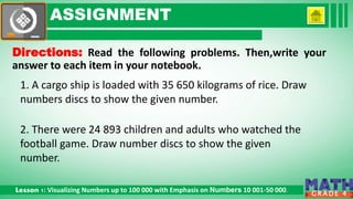 Click to edit Master subtitle style
Lesson 1: Visualizing Numbers up to 100 000 with Emphasis on Numbers 10 001-50 000.
G R A D E 4
ASSIGNMENT
Directions: Read the following problems. Then,write your
answer to each item in your notebook.
1. A cargo ship is loaded with 35 650 kilograms of rice. Draw
numbers discs to show the given number.
2. There were 24 893 children and adults who watched the
football game. Draw number discs to show the given
number.
 