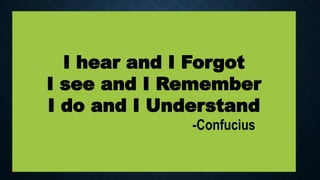 MEMORY RETENTION MODEL
I hear and I Forgot
I see and I Remember
I do and I Understand
-Confucius
 