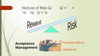 Nature of Risk-Q-` Q`+` .>
‘a -q-` q`+`a
Potential effects
Likelihood
Acceptance
Management
 