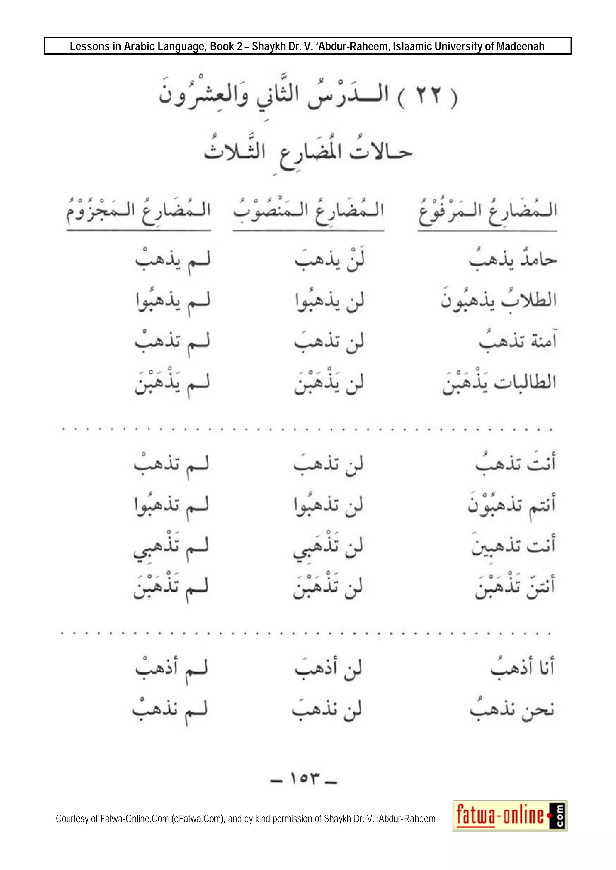 Lessons in Arabic Language, Book 2 – Shaykh Dr. V. ‘Abdur-Raheem, Islaamic University of Madeenah
Courtesy of Fatwa-Online.Com (eFatwa.Com), and by kind permission of Shaykh Dr. V. ‘Abdur-Raheem
 
