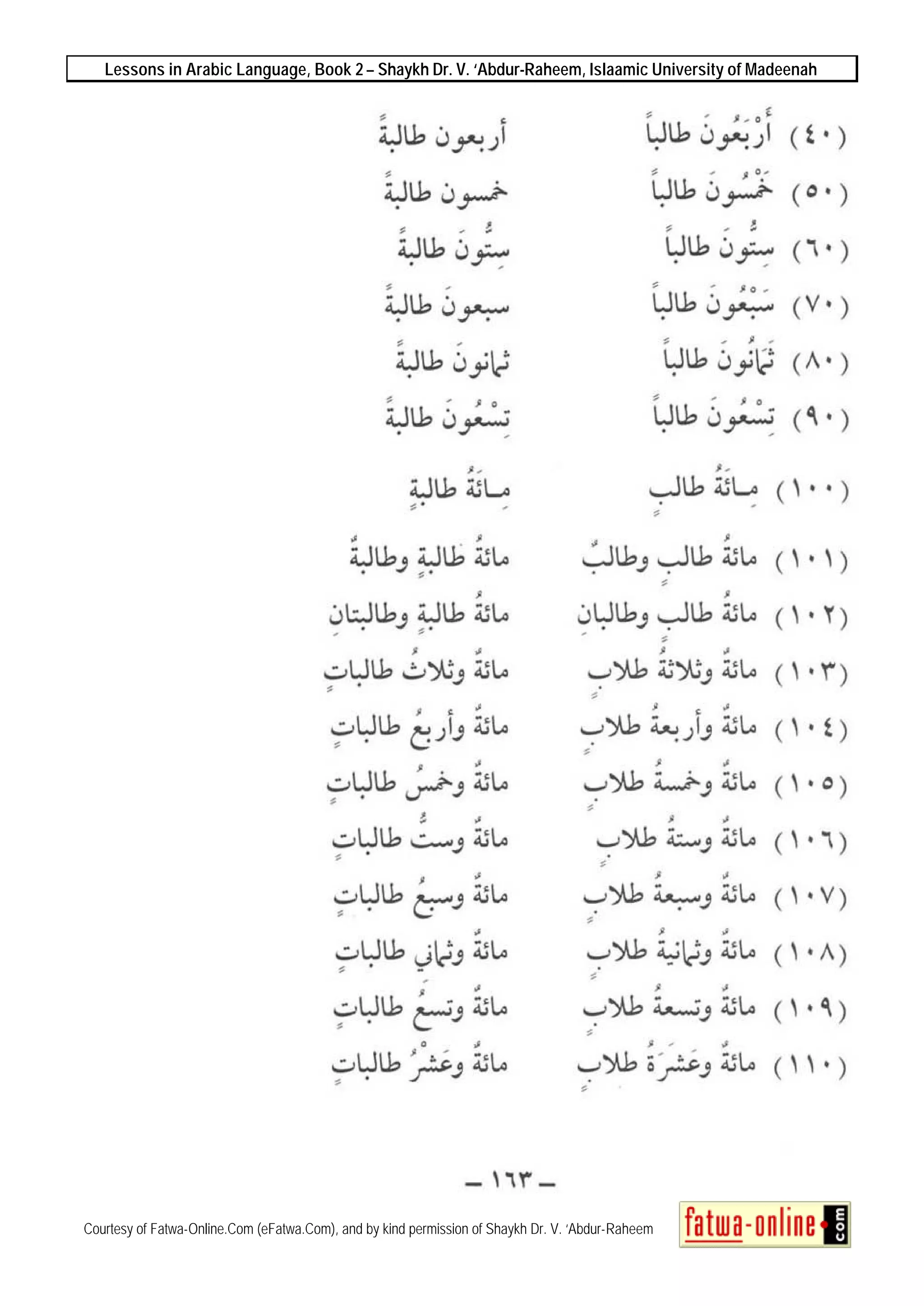 Lessons in Arabic Language, Book 2 – Shaykh Dr. V. ‘Abdur-Raheem, Islaamic University of Madeenah
Courtesy of Fatwa-Online.Com (eFatwa.Com), and by kind permission of Shaykh Dr. V. ‘Abdur-Raheem
 