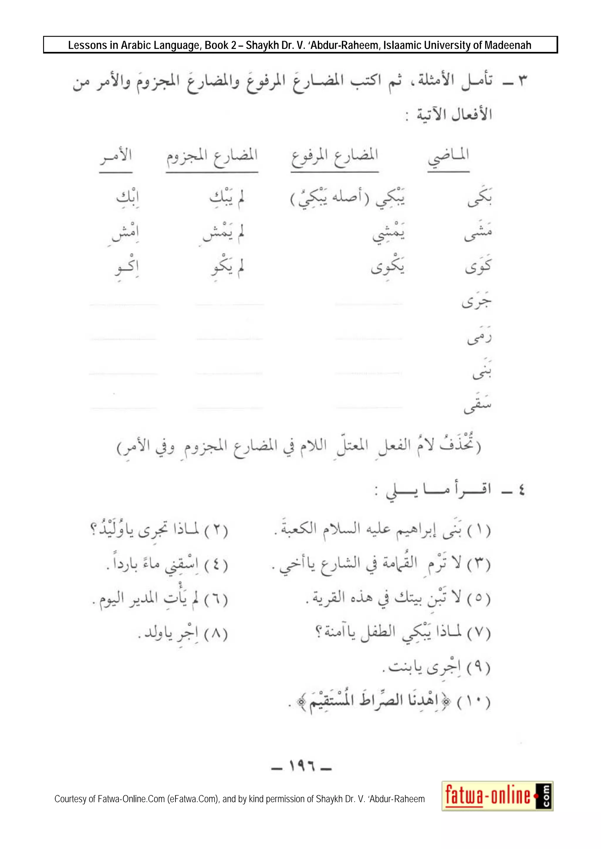Lessons in Arabic Language, Book 2 – Shaykh Dr. V. ‘Abdur-Raheem, Islaamic University of Madeenah
Courtesy of Fatwa-Online.Com (eFatwa.Com), and by kind permission of Shaykh Dr. V. ‘Abdur-Raheem
 