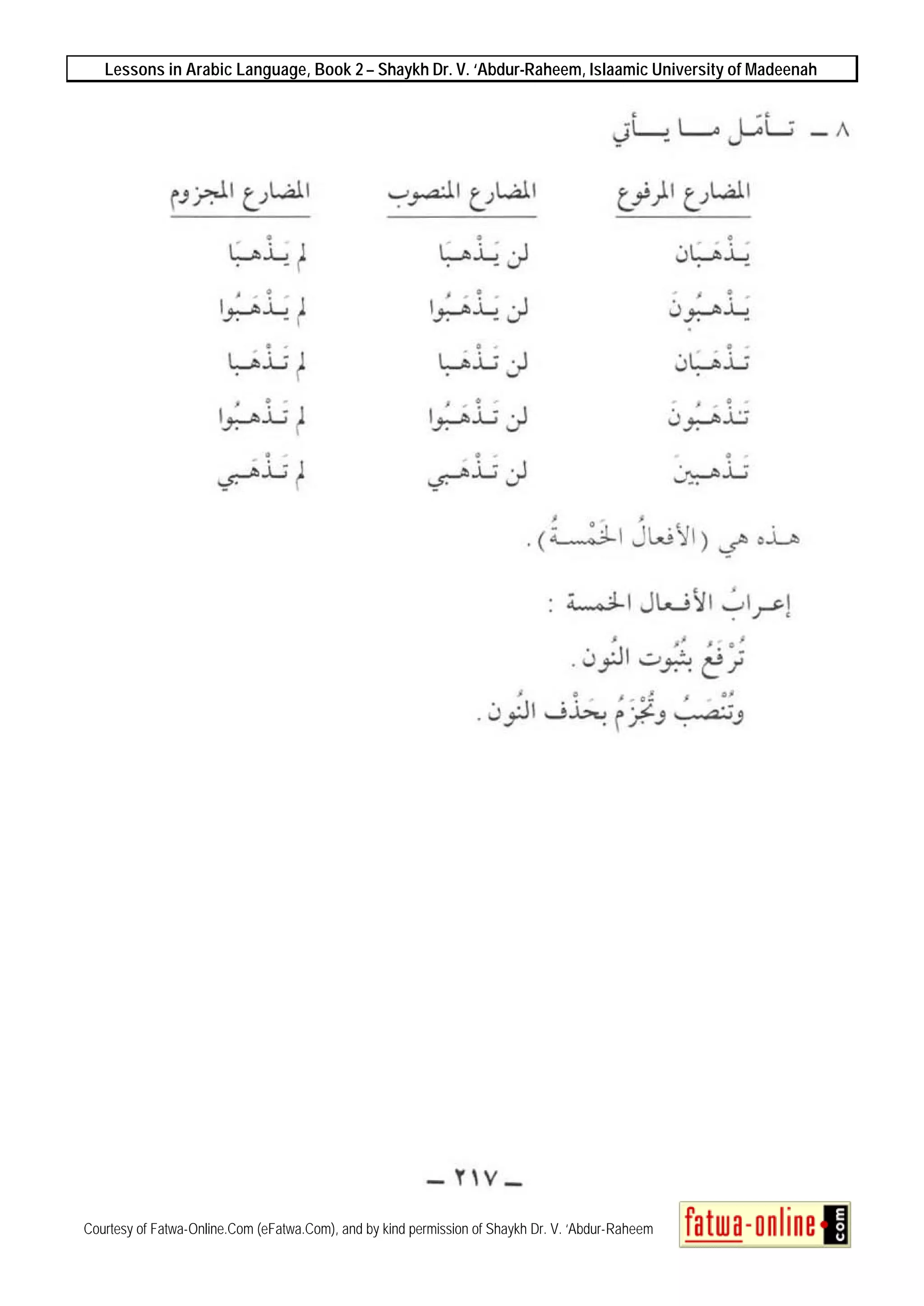 Lessons in Arabic Language, Book 2 – Shaykh Dr. V. ‘Abdur-Raheem, Islaamic University of Madeenah
Courtesy of Fatwa-Online.Com (eFatwa.Com), and by kind permission of Shaykh Dr. V. ‘Abdur-Raheem
 