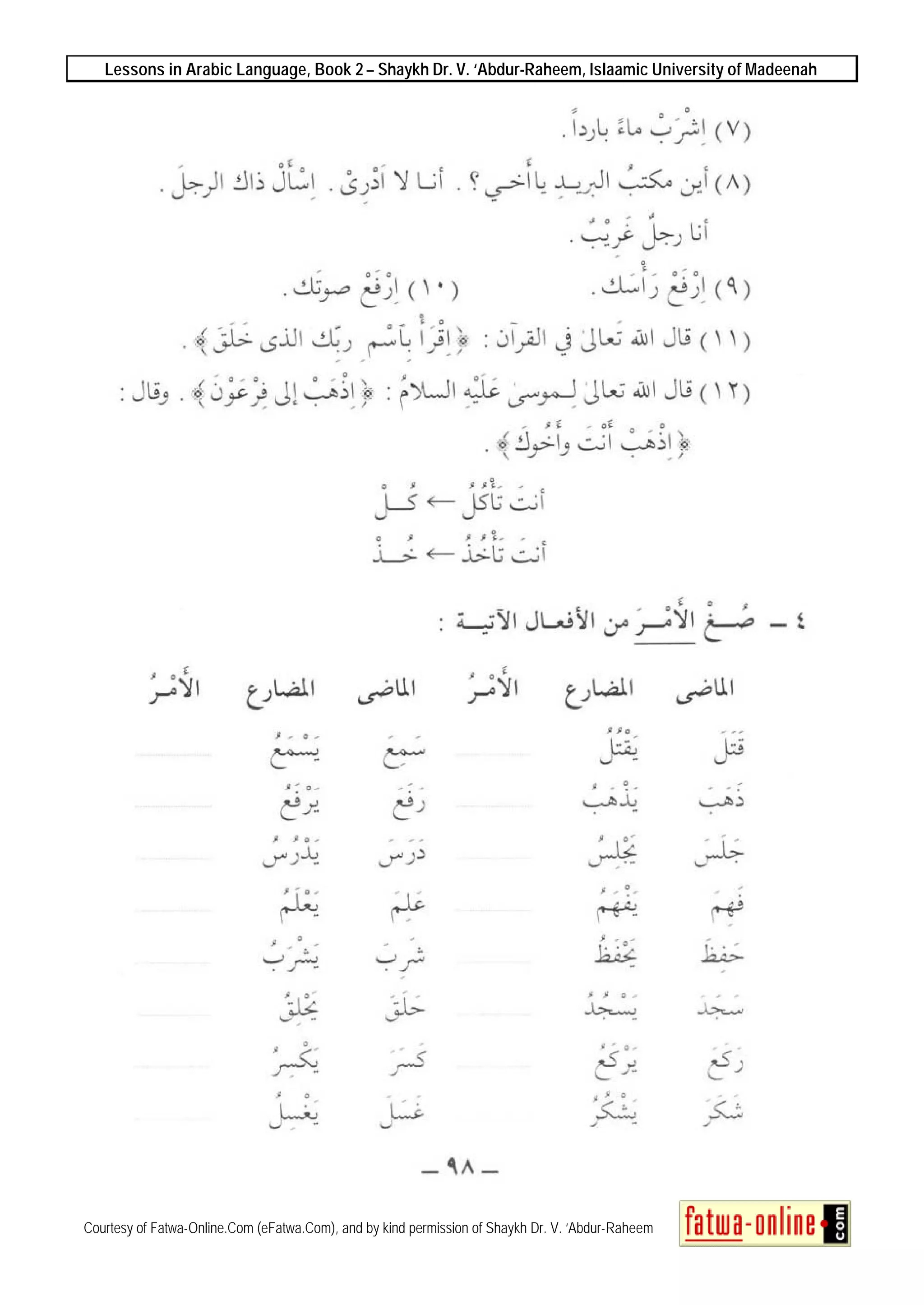 Lessons in Arabic Language, Book 2 – Shaykh Dr. V. ‘Abdur-Raheem, Islaamic University of Madeenah
Courtesy of Fatwa-Online.Com (eFatwa.Com), and by kind permission of Shaykh Dr. V. ‘Abdur-Raheem
 
