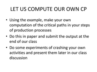 LET US COMPUTE OUR OWN CP
• Using the example, make your own
computation of the critical paths in your steps
of production processes
• Do this in paper and submit the output at the
end of our class
• Do some experiments of crashing your own
activities and present them later in our class
discussion
 