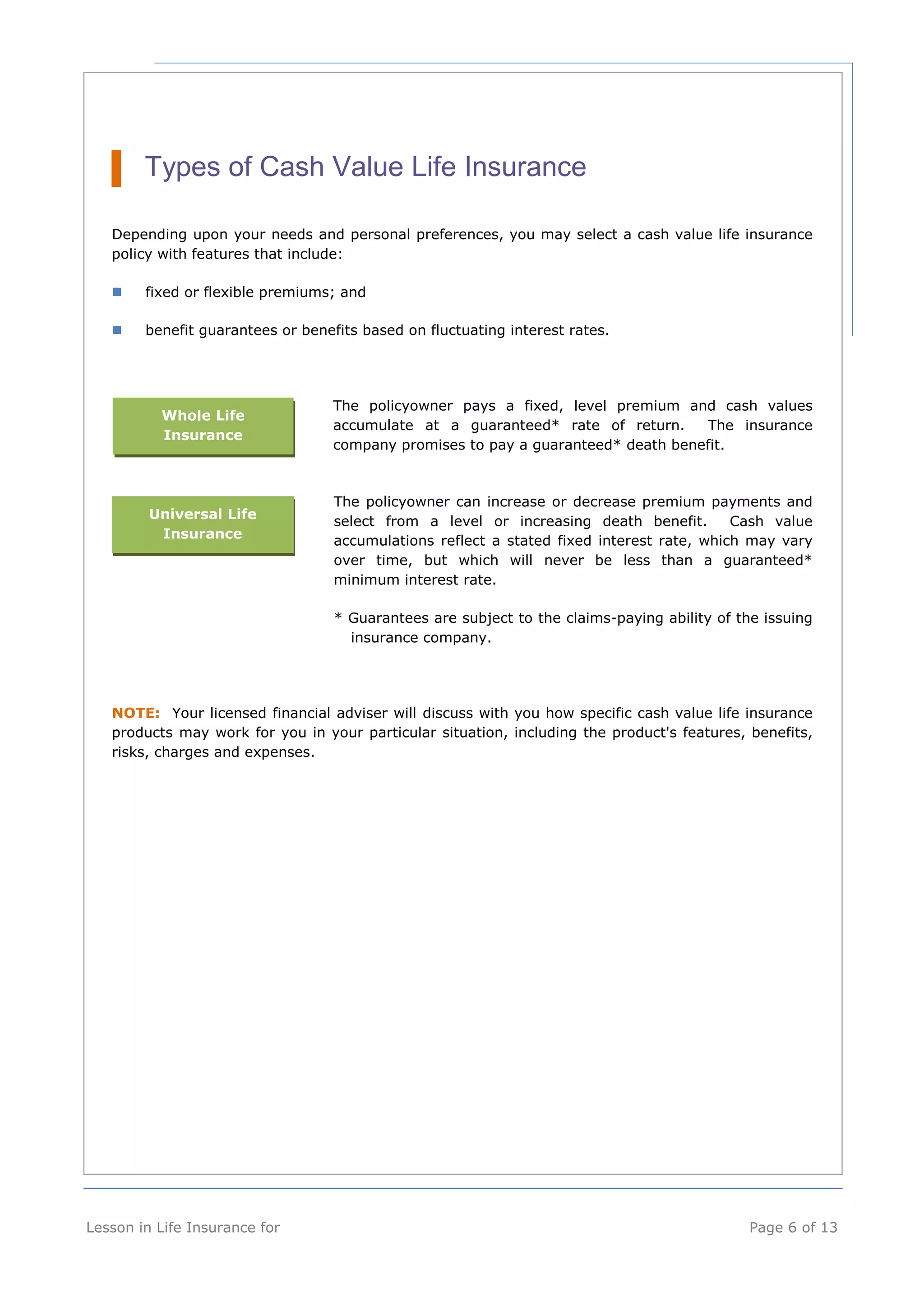 Types of Cash Value Life Insurance 
Depending upon your needs and personal preferences, you may select a cash value life insurance 
policy with features that include: 
 fixed or flexible premiums; and 
 benefit guarantees or benefits based on fluctuating interest rates. 
The policyowner pays a fixed, level premium and cash values 
accumulate at a guaranteed* rate of return. The insurance 
company promises to pay a guaranteed* death benefit. 
The policyowner can increase or decrease premium payments and 
select from a level or increasing death benefit. Cash value 
accumulations reflect a stated fixed interest rate, which may vary 
over time, but which will never be less than a guaranteed* 
minimum interest rate. 
* Guarantees are subject to the claims-paying ability of the issuing 
insurance company. 
Whole Life 
Insurance 
Universal Life 
Insurance 
NOTE: Your licensed financial adviser will discuss with you how specific cash value life insurance 
products may work for you in your particular situation, including the product's features, benefits, 
risks, charges and expenses. 
Lesson in Life Insurance for Page 6 of 13 
 