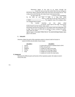 Respiration begins at the nose as air enters through the
_____________. Inside the nose are tiny hairs which filter the dust and germs
from the air. Mucus along the walls of the nose warm and moisten the air. That
is why at the end of the day, the inside of your nose becomes dirty.
Air goes down the ________________ . It serves as the passageway
for the both air and food. It leads to a long tube called
________________________. There is a little flap on the top of the trachea. It
is called ______________________. The epiglottis closes the windpipe when
one swallows food or liquids.
The trachea branches out into pipes called
_______________________ or bronchi. These lead to the lungs. The bronchi
further branch out into smaller tubes called ______________________. These
bronchioles look like the branches of a tree whose ends have balloonlike sacs
or bags. These sacks are filled with air giving the lungs a sponge like quality.
These sacks are called _________________. The __________________ are the
lightest organs in the body. It filters the air. The actual exchange of gases takes
place in the alveoli.
E. EVALUATE
Directions: Match the parts of the respiratory system in column A with its function in
column B. Write only the letter of your answer.
COLUMN A COLUMN B
1. nostrils A. closes when someone swallows food or drink
2. pharynx B. filter and purify air
3. epiglottis C. enables air to get to the lungs
4. trachea D. allow for the exchange of gases
5. lungs E. enables air to enter the trachea
F. enables air to enter the nasal cavity
IV. Assignment
Memorize the different parts and function of the respiratory system. Be ready to recite it
front of the class.
PL =
 