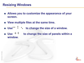 Resizing WindowsAllows you to customize the appearance of your screen.View multiple files at the same time.Use                 to change the size of a window.Use              to change the size of panels within a window.