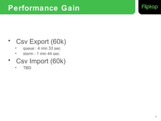 Performance Gain



• Csv Export (60k)
  •   queue : 4 min 33 sec
  •   storm : 1 min 44 sec
• Csv Import (60k)
  •   TBD




                             6
 