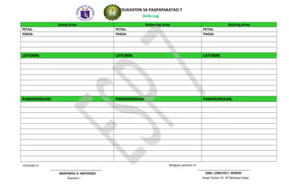 UNANG ARAW IKALAWANG ARAW IKATLONG ARAW
PETSA: PETSA: PETSA:
PAKSA: PAKSA: PAKSA:
LAYUNIN: LAYUNIN: LAYUNIN:
PAMAMARAAN: PAMAMARAAN: PAMAMARAAN:
Binigyan pansin ni:
LORELYN C. MIŃON
Head Techer VI- OIC ESP Dept.
Inihanda ni:
LEMUEL B. ESTRADA
Teacher I
EDUKASYON SA PAGPAPAKATAO 7
DAILY LOG
 