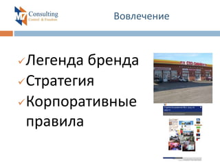 Вовлечение
Легенда бренда
Стратегия
Корпоративные
правила
 