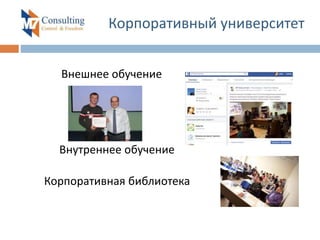 Корпоративный университет
Внешнее обучение
Внутреннее обучение
Корпоративная библиотека
 