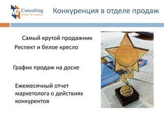 Конкуренция в отделе продаж
Самый крутой продажник
График продаж на доске
Респект и белое кресло
Ежемесячный отчет
маркетолога о действиях
конкурентов
 