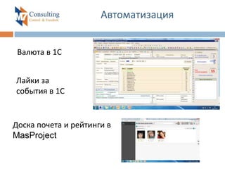 Автоматизация
Валюта в 1С
Лайки за
события в 1С
Доска почета и рейтинги в
MasProject
 