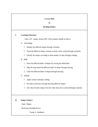 Lesson Plan
In
Reading Kinder
I. Learning Outcomes:
After a 50 – minute period, 80% of the students should be able to:
A. Knowledge
1. Identify the different shapes through recitation.
2. Name the different shapes common at home and in school through recitation.
3. Classify the shapes according to their number of sides through counting.
B. Skills
1. Draw the different kinds of shapes by tracing the dotted lines.
2. Sing the song about the different kinds of shapes through dancing.
3. Color the different kinds of shapes through drawing.
C. Attitude
1. Apply neatness through coloring.
2. Develop creativeness through drawing different shapes.
3. Give their favorite shapes from the video they have watched through recitation.
II. Subject Matter
Topic: Shapes
Reference:Reading Power
Nenita A. Apolinario
 