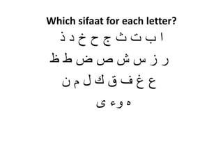 Which sifaat for each letter?
‫ا‬‫بْتْثْجْحْخْدْذ‬
‫رْزْسْشْصْضْطْظ‬
‫عْغْفْقْكْلْمْن‬
ْ‫هْوءْى‬
 