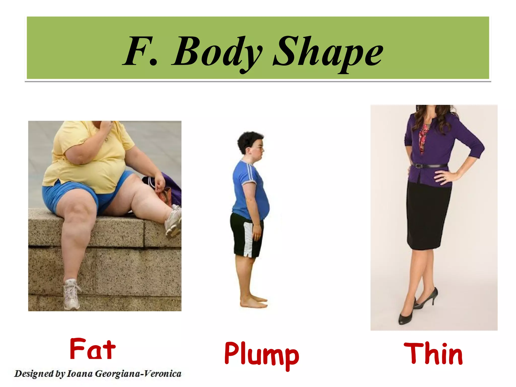 F. Body Shape




Fat        Plump      Thin
 