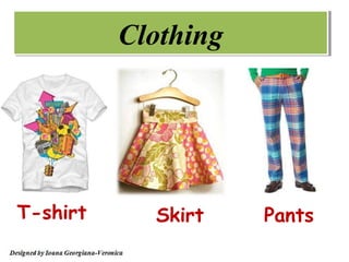 Clothing




T-shirt     Skirt    Pants
 