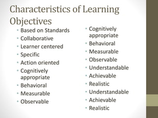 Characteristics of Learning
Objectives
• Based on Standards
• Collaborative
• Learner centered
• Specific
• Action oriented
• Cognitively
appropriate
• Behavioral
• Measurable
• Observable
• Cognitively
appropriate
• Behavioral
• Measurable
• Observable
• Understandable
• Achievable
• Realistic
• Understandable
• Achievable
• Realistic
 