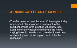 GERMAN CAR PLANT EXAMPLE
The German car manufacturer, Volkswagen, today
announced plans to open a new plant in the
Middlesborough area creating 2000 new jobs.
Local community leaders welcomed the news,
saying it would provide much needed investment
and employment in the region hard hit by the
recession.
 