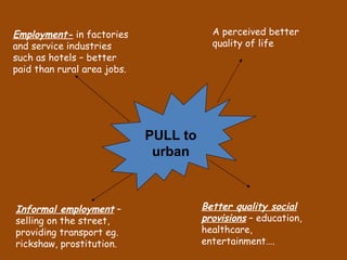 PULL to urban Employment-  in factories and service industries such as hotels – better paid than rural area jobs. Informal employment  – selling on the street, providing transport eg. rickshaw, prostitution.  Better quality social provisions  – education, healthcare, entertainment…. A perceived better quality of life  
