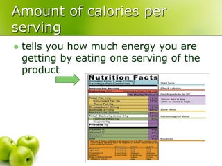  tells you how much energy you are
getting by eating one serving of the
product
Amount of calories per
serving
 