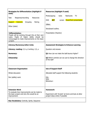 Strategies for Differentiation (highlight if        Resources (highlight if used)
used)
                                                    Photocopying      texts      flashcards   TV
Task      Response/recording      Resources
                                                    DVD      ICT          screen PowerPoint presentation
Support     Outcome    Grouping      Pairing
                                                    Other:
Other (state)
                                                    Storyboard outline.

 Differentiation:                                   Presentation (Teacher)
 Pupils will be working through this at their own
 pace. Pupils of higher ability should be
 encouraged to make improvements on the basic
 project.

Literacy/Numeracy/other Links                       Assessment Strategies to Enhance Learning

Literacy: reading: 2.2 a, d writing: 2.3, a         Question and answer.

Numeracy:                                           Q1 How can we make the ball bounce higher?

Citizenship:                                        Q2 Which controls can we use to change the direction
                                                    of the ball?




Classroom Organisation                              Use of Support Staff

Whole discussion                                    Allocated staff support the following students:

Pair (ability) work                                 EAL:
                                                    SEN:
                                                    Behaviour:




Extension Work                                      Homework
To evaluate how improvements can be made to
the basic project and why this would be an          Experiment with ‘Scratch’ at home and look at other
improvement.                                        project ideas online if possible


Key Vocabulary: Controls, Sprite, Sequence
 
