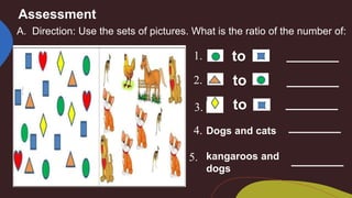 Assessment
A. Direction: Use the sets of pictures. What is the ratio of the number of:
1. to ________
2. to
Dogs and cats
3.
________
________
4. ________
5. kangaroos and
dogs
________
to
 