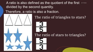 The ratio of triangles to stars?
The ratio of stars to triangles?
A ratio is also defined as the quotient of the first
divided by the second quantity.
Therefore, a ratio is also a fraction.
 