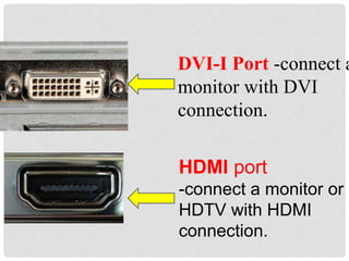 DVI-I Port -connect a
monitor with DVI
connection.
HDMI port
-connect a monitor or
HDTV with HDMI
connection.
 