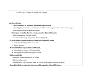 Chsb thÀXn-cn-¡p-¶Xv km{µ-Xsb ASn-Øm--am-¡n-bm-Wv.
Learning outcomes:
1. Factual knowledge on separation of immisible liquids through
a. Recalling the new term like separating funnel and facts and concepts mentioned in the content analysis
b. Recognizing the concept during experiment
2. Conceptual knowledge about the concept separation of immisible liquids
a. Recalling the term separating funnel
b. explaining the concept of separation of immisible liquids
3. Procedural knowledge on the concept of separation of immisible liquids
a. Doing and observing activities based on it.
b. Raising questions
4. Metacognitive knowledge on the concept through
a. Recognising the concept at different situation
b. Devising a procedure for analyzing the concept
5. Different skills like
a. Observing different properties of the concept
b. Identifying the concept
c. communicating with in the group and to the class by discussing and presenting the group.
6. Scientific attitude towards natural phenomena like separation of immisible liquids.
 