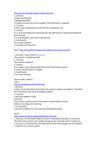 http://www.mythweb.com/hercules/index.html
1: accuracy:
Text by Joel Skidmore
Copyright Mythweb
It is quite accurate and nice to navigate. The information is updated.
2: currency:
It hasn´t been uptdated since 1997 but the information is ok
3: content:
It´s a very stimulating and interesting site, the information is clearly presented and
easy to follow.
It is very attractive with colours and pictures.
4: functionality:
Yes it works properly.
It uses texts and links only.

Site 4: http://ancienthistory.about.com/od/hercules/a/Hercules.htm

1: accuracy: it was written by N.S. Gill
The content is reliable and clear.
2. currency:
The content is updated
3: content:
The content is very clearly presented and the information is good.
It is easy and attractive to navigate
4: functionality:
It functions properly.

Sites we didn´t choose.
 Site 5:
http://en.wikipedia.org/wiki/Hercules
1.accuracy:
It does not provide inform ation about the autor an anyone can update it. Therefore
the information may not be completely reliable.
2: currency:
It was last updated in 2010
3:content
The content is good but there some pieces of information missing
Texts are too long and it is boring.
4. functionality:
Links work properly, but they may end up being distracting.

Site 6:
http://greece.mrdonn.org/greekgods/hercules.html
1. Accuracy: no information about an author is provided, only about an illustrator
The information seems to be reliable, though we do not know who it is written by
2. Currency: no information is provided about when the web page was last updated
3. Content: the content is good
 